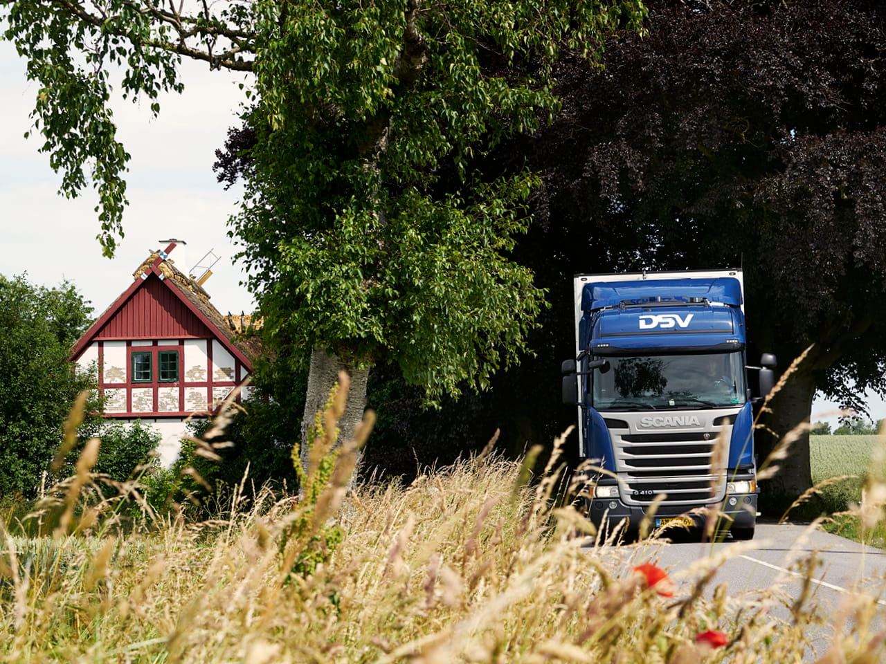DSV lastbil der kører gennem Danmark ved en kornmark